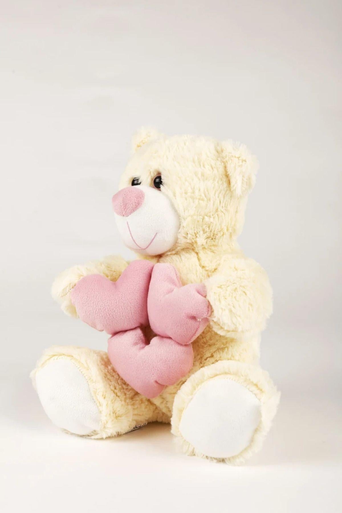 30 Cm Küçük Beyaz Kalpli Peluş Ayıcık Yastık