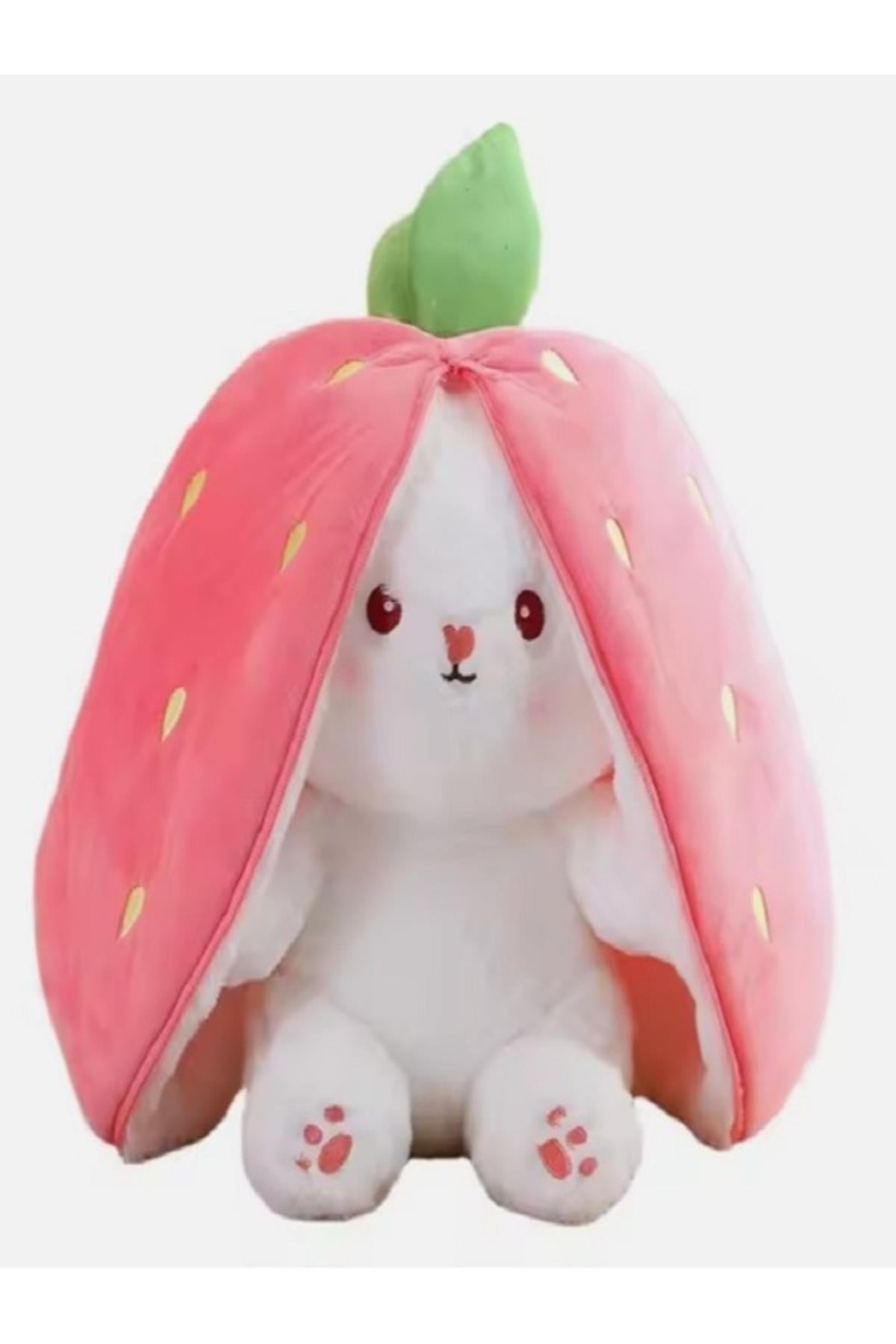 35 Cm Pembe Açık Renkli Çilek Tavşan Peluş Oyuncak 2 Yüzlü Yastık
