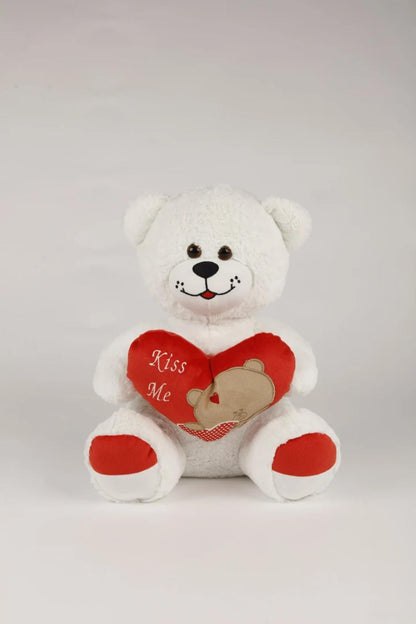 45 Cm Kiss Me Nakışlı Beyaz Peluş Ayıcık