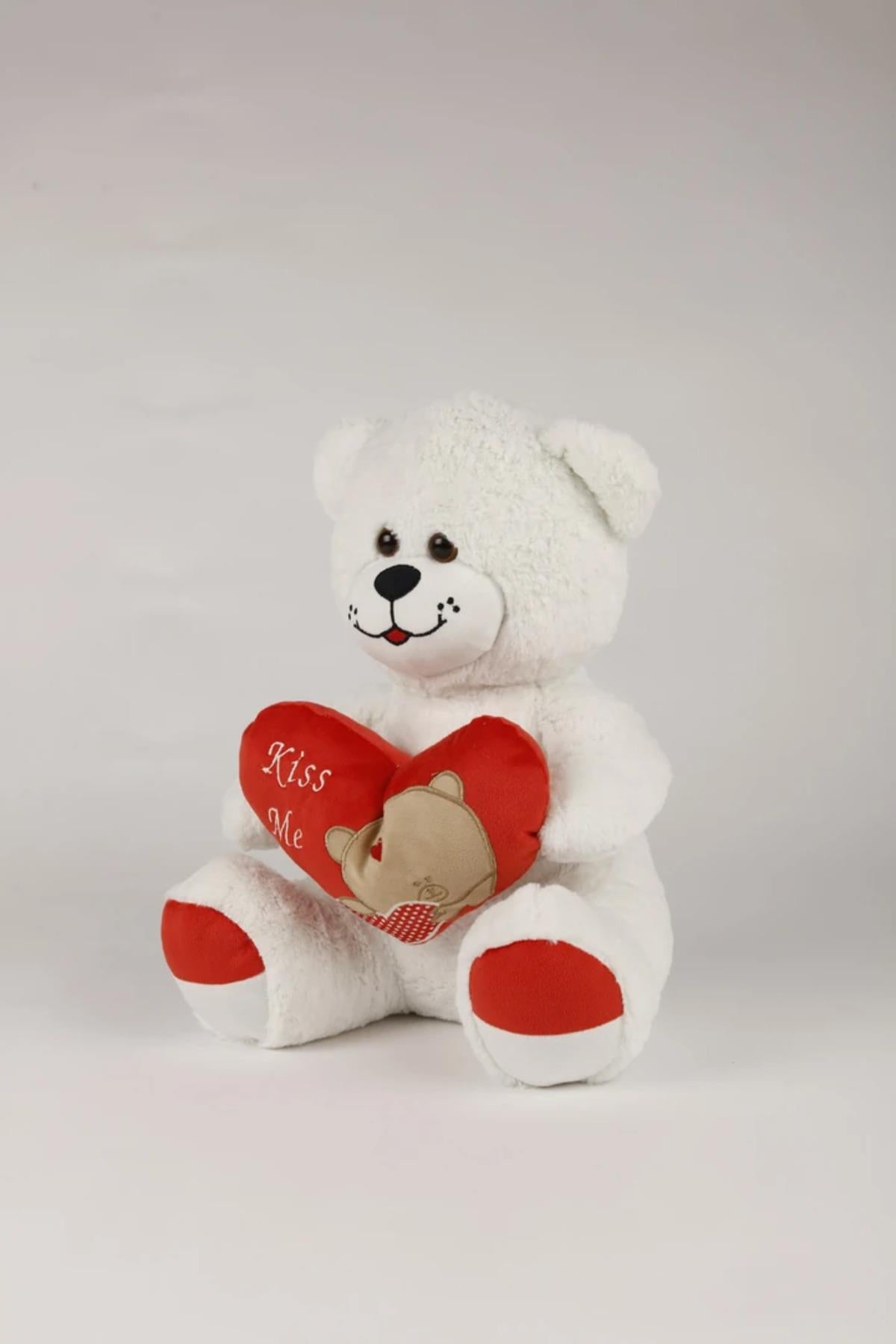 45 Cm Kiss Me Nakışlı Beyaz Peluş Ayıcık