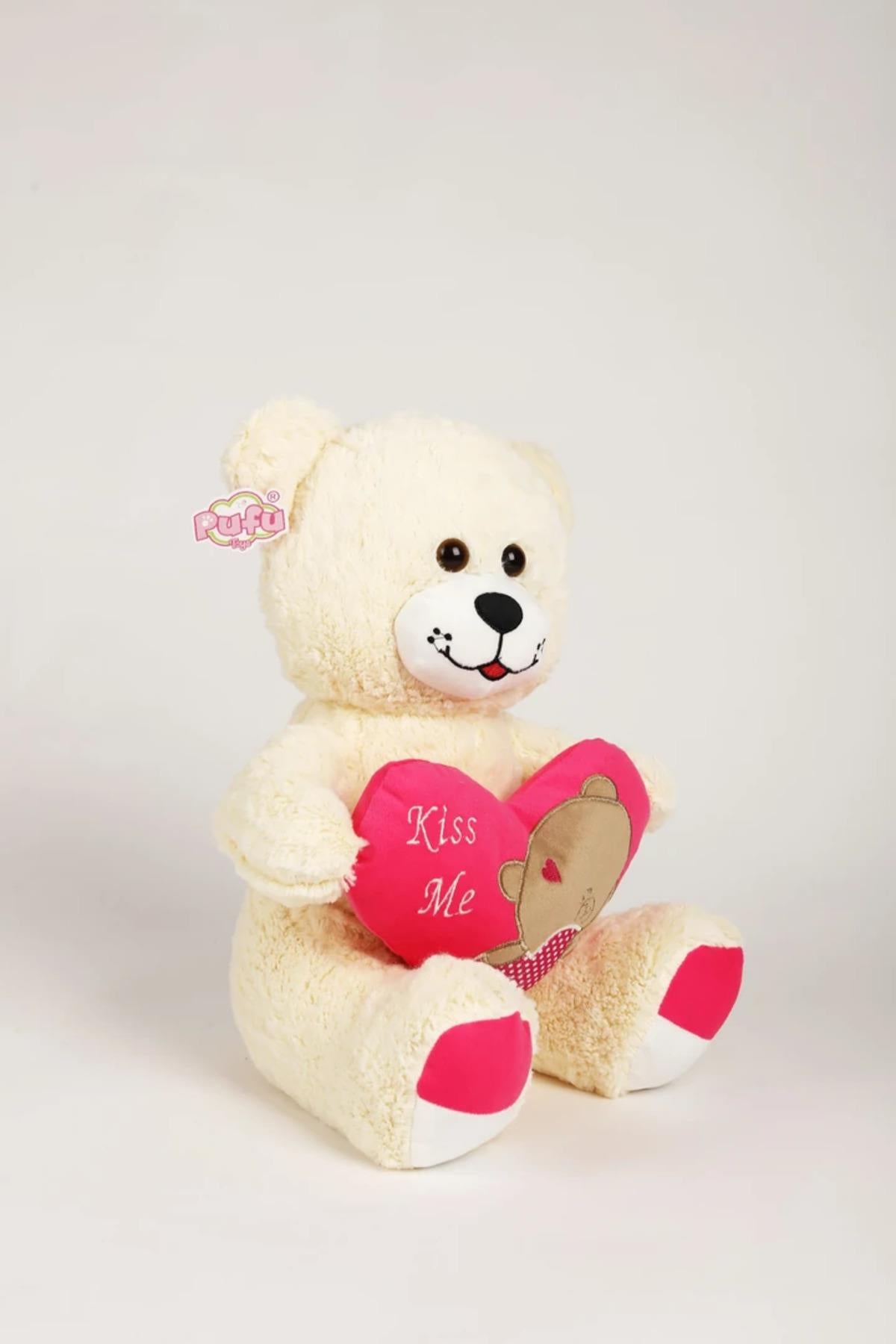 45 Cm Kiss Me Nakışlı Beyaz Peluş Ayıcık