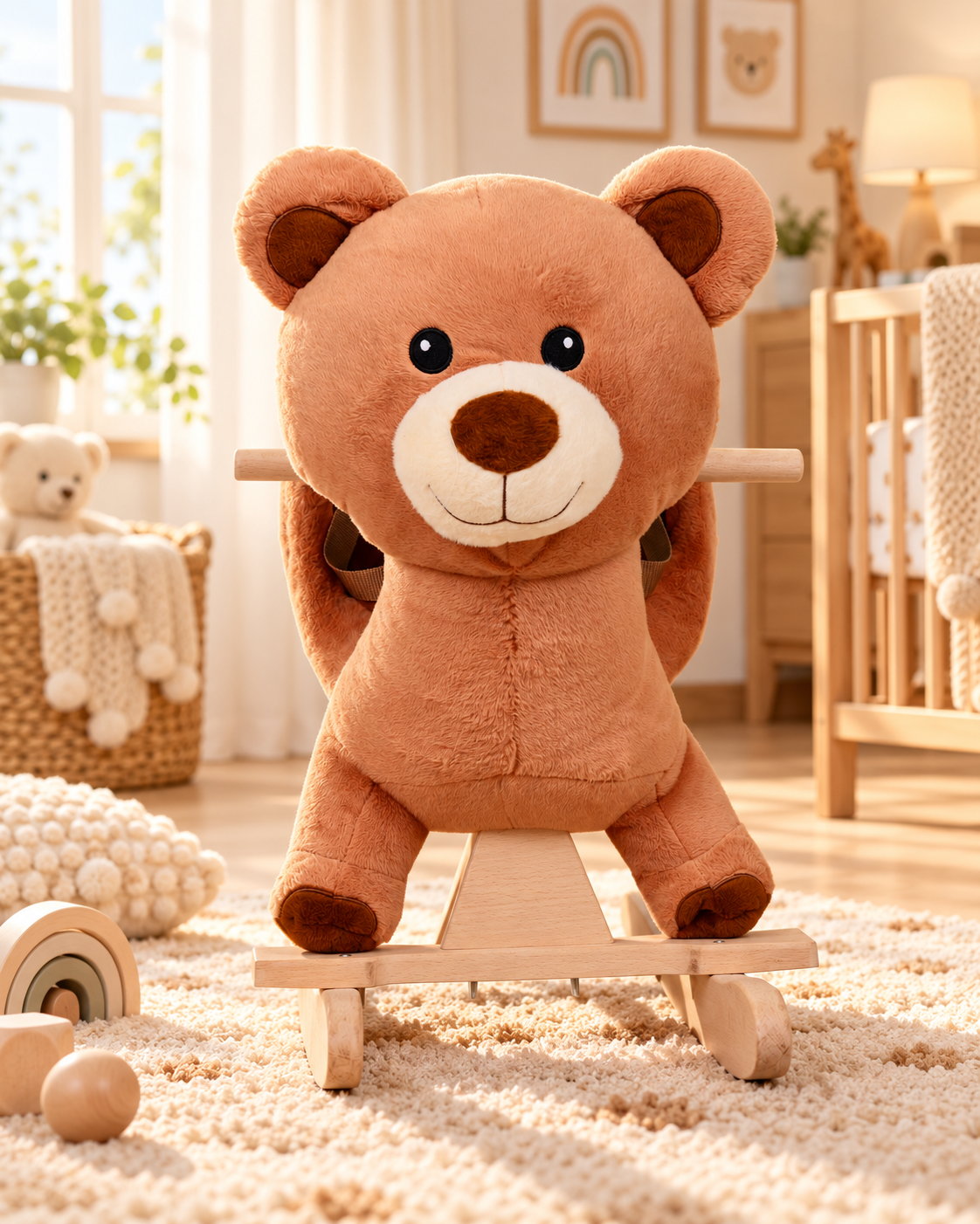Ayıcık Peluş Sallanan Oyuncak – Ahşap Tabanlı Güvenlik Kemerli