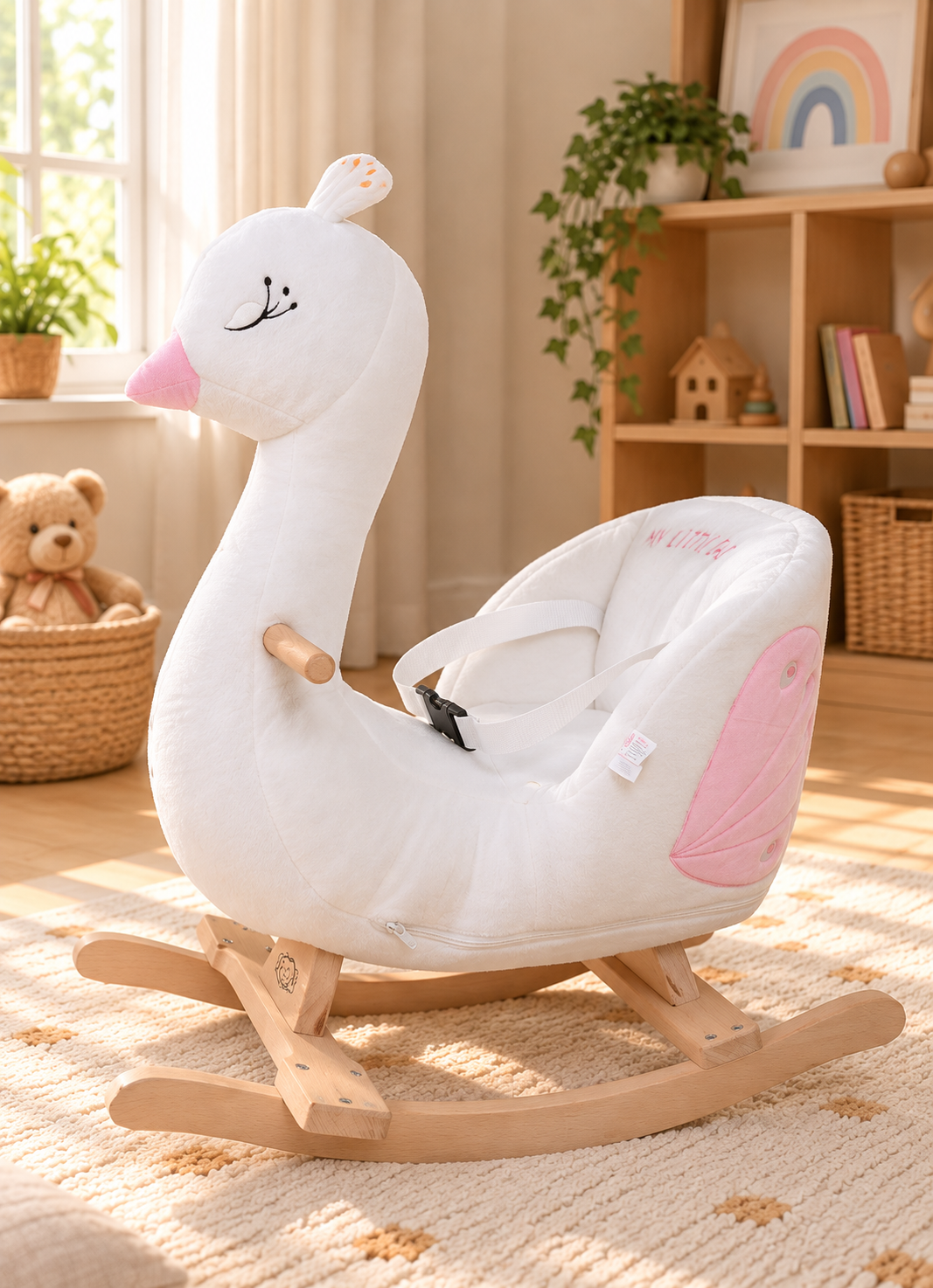 Kuğu Peluş Sallanan Oyuncak – Ahşap Tabanlı Güvenlik Kemerli