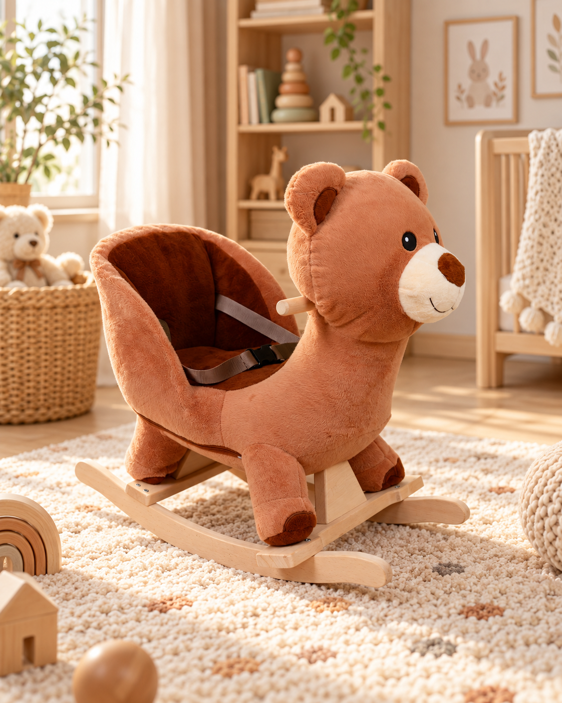 Ayıcık Peluş Sallanan Oyuncak – Ahşap Tabanlı Güvenlik Kemerli