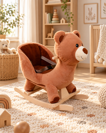 Ayıcık Peluş Sallanan Oyuncak – Ahşap Tabanlı Güvenlik Kemerli