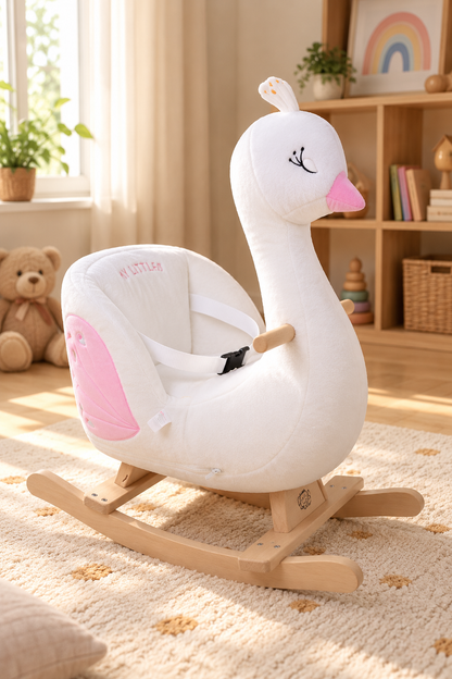 Kuğu Peluş Sallanan Oyuncak – Ahşap Tabanlı Güvenlik Kemerli
