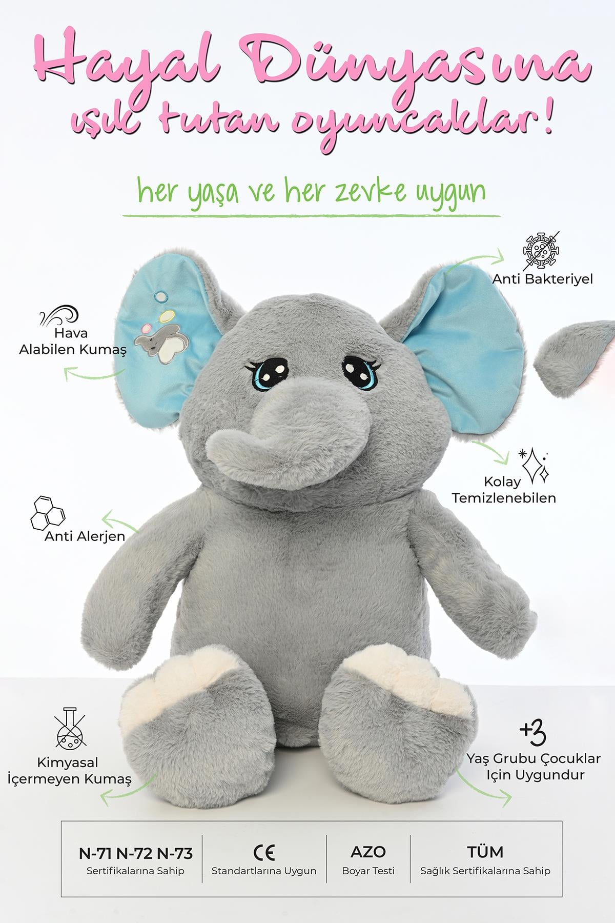 70 CM BÜYÜK KULAKLI FİL PELUŞ UYKU ARKADAŞI