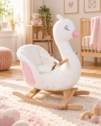 Kuğu Peluş Sallanan Oyuncak – Ahşap Tabanlı Güvenlik Kemerli