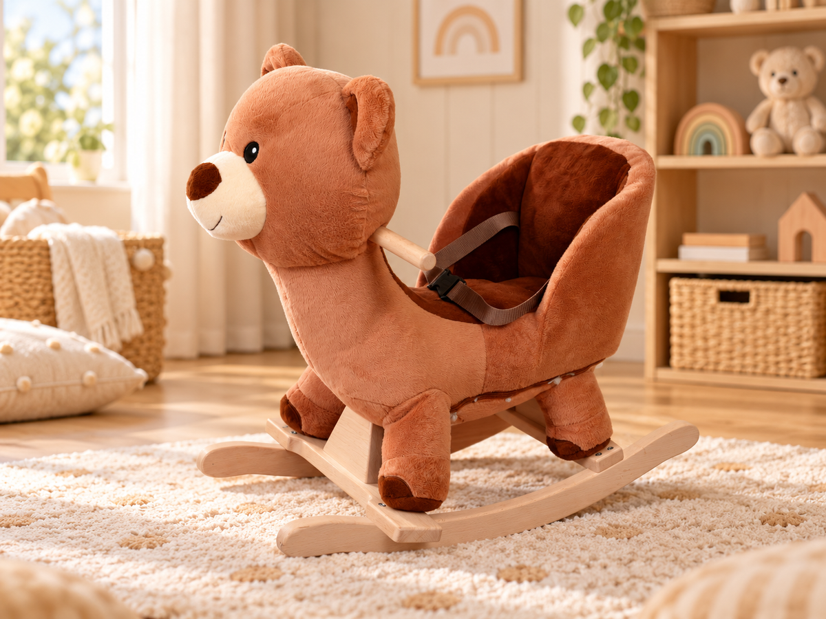 Ayıcık Peluş Sallanan Oyuncak – Ahşap Tabanlı Güvenlik Kemerli