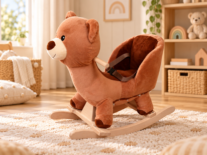 Ayıcık Peluş Sallanan Oyuncak – Ahşap Tabanlı Güvenlik Kemerli