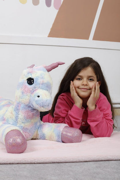 Peluş Uzanan Rengarenk Unicorn Oyun Ve Uyku Arkadaşı Yastık 80 Cm
